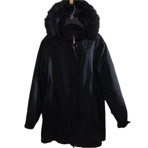 Isaac Mizrahi size Xl black satin winter coat with removable hood & waist cinch